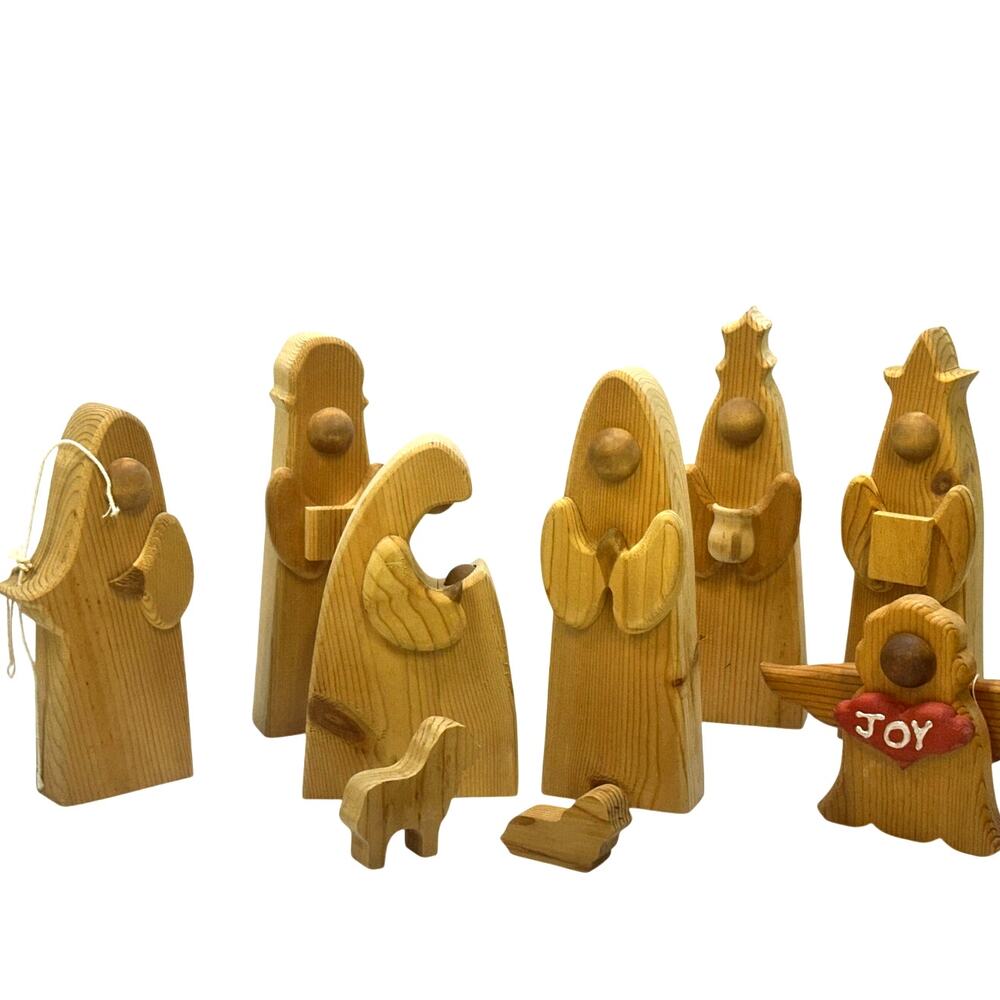 Rustic Wooden Crafted 9-Piece Nativity Holy Family Three Kings Angels Sheep